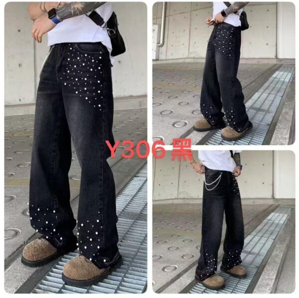 Black Wide-Leg Jeans with Crystal/Stone Design