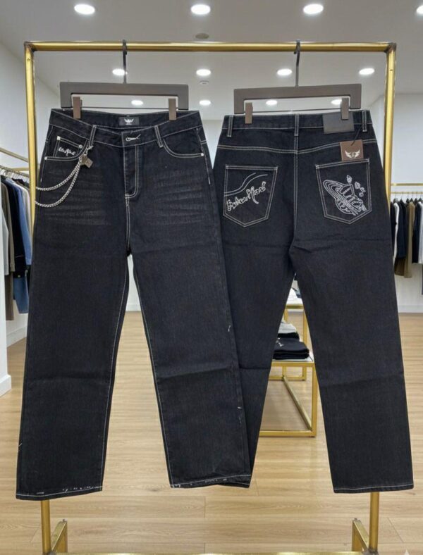 Black Designer Straight Jeans (Chain & Embroidery)