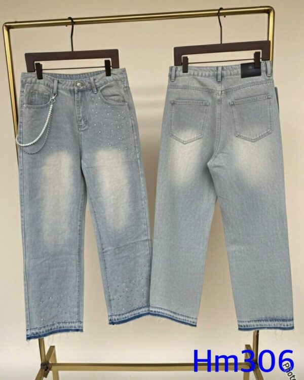 Light Blue Crystal/Stone Straight Jeans