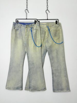 Vintage Yellow Wash Flare Jeans (Chain Design)