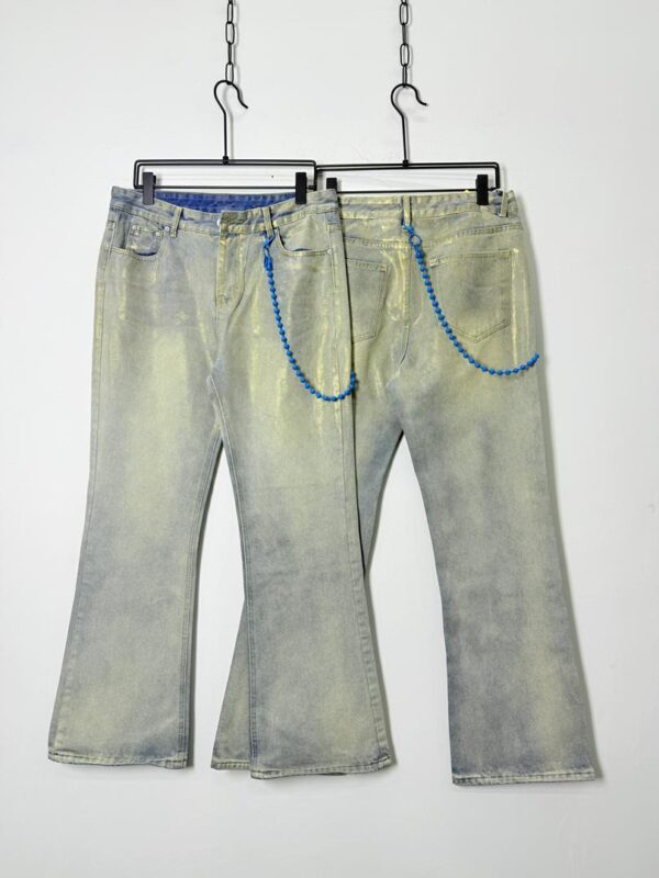 Vintage Yellow Wash Flare Jeans (Chain Design)