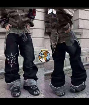 Black Patchwork Wide-Leg Jeans (Street Style)