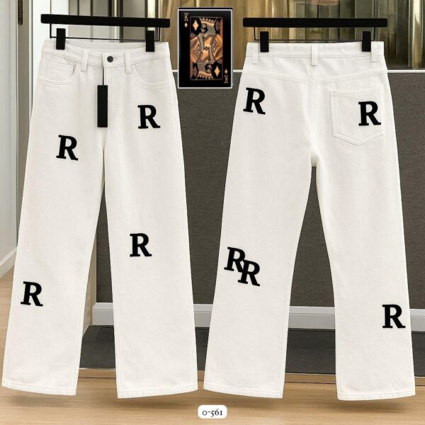 White “R” Logo Wide-Leg Designer Jeans
