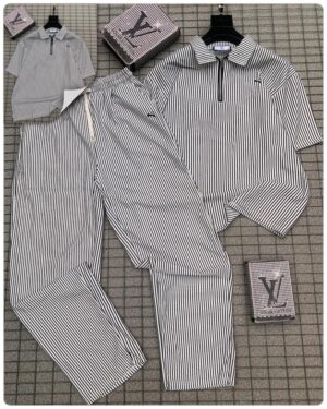 Men’s Striped Polo Zip Two Piece Set (Black & White)