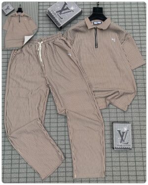 Men’s Striped Polo Zip Two-Piece Set (Brown & Cream)