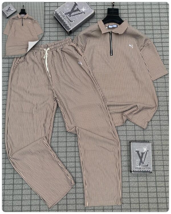 Men’s Striped Polo Zip Two-Piece Set (Brown & Cream)