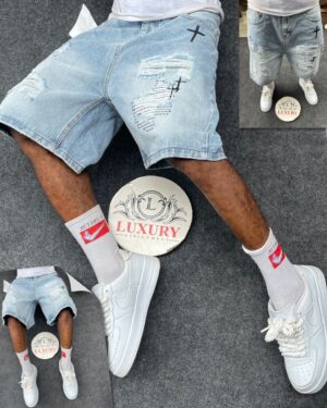 Luxury Cross Distressed Denim Shorts