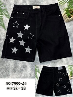 Star Design Black Denim Shorts