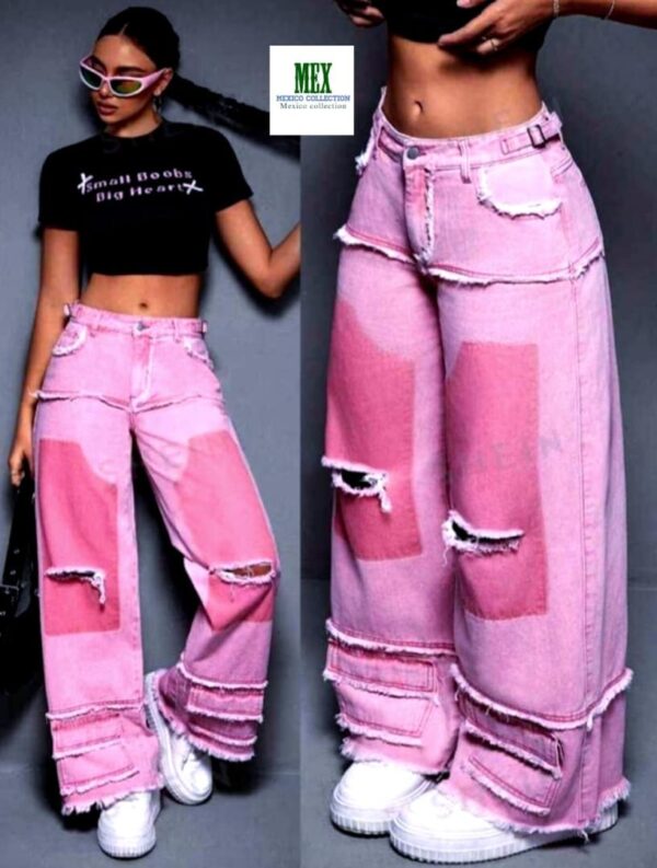 High Waist Pink Patch Wide Leg Jeans