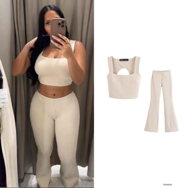 Beige Crop Top and Flare Pants Set