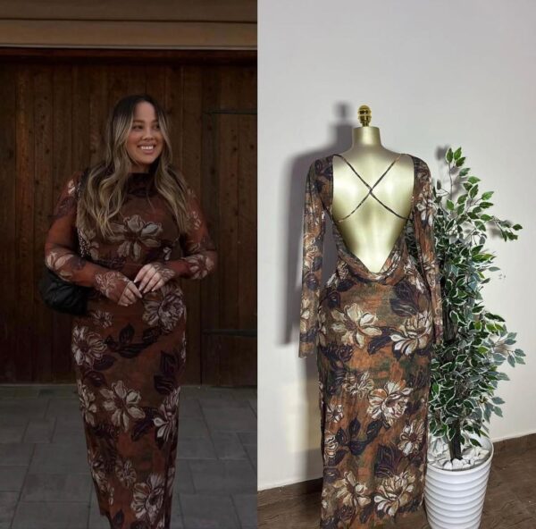 Brown Floral Long Sleeve Midi Dress