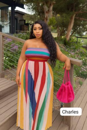 Multicolor Pleated Strapless Maxi Dress