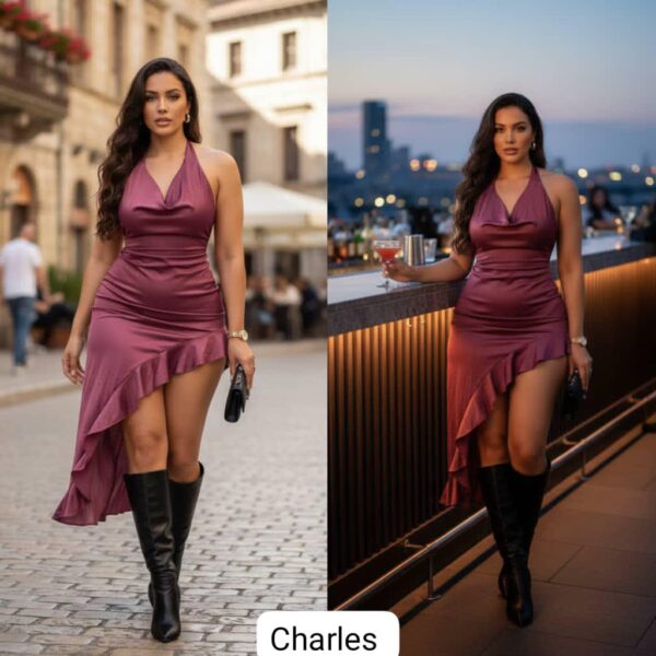 Burgundy Asymmetrical Ruffle Midi Dress