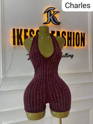 Burgundy Rhinestone Halter Romper