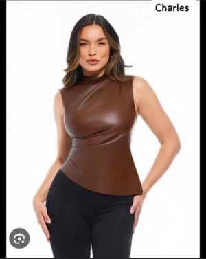 WhatsApp Image 2026-02-22 at 21.36.46 Brown Faux Leather Sleeveless Top