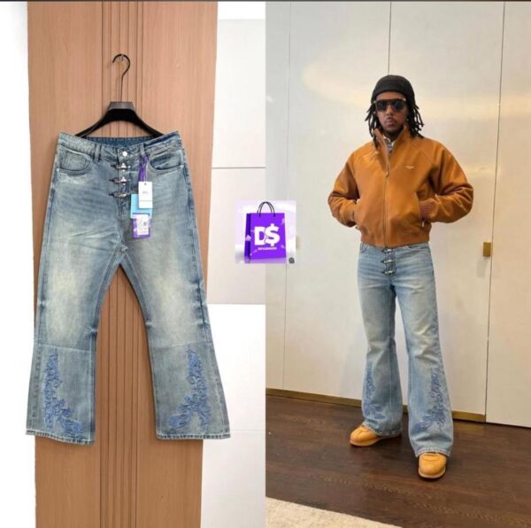Light Blue Flare Embroidery Jeans (Hook Front)