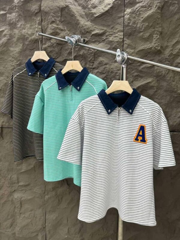 Striped zip-collar polo tops