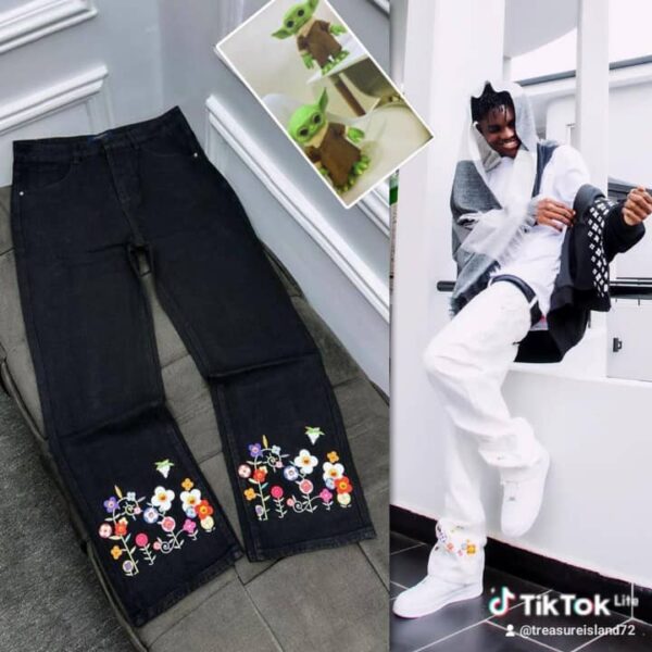Flower Embroidery white Baggy Jeans